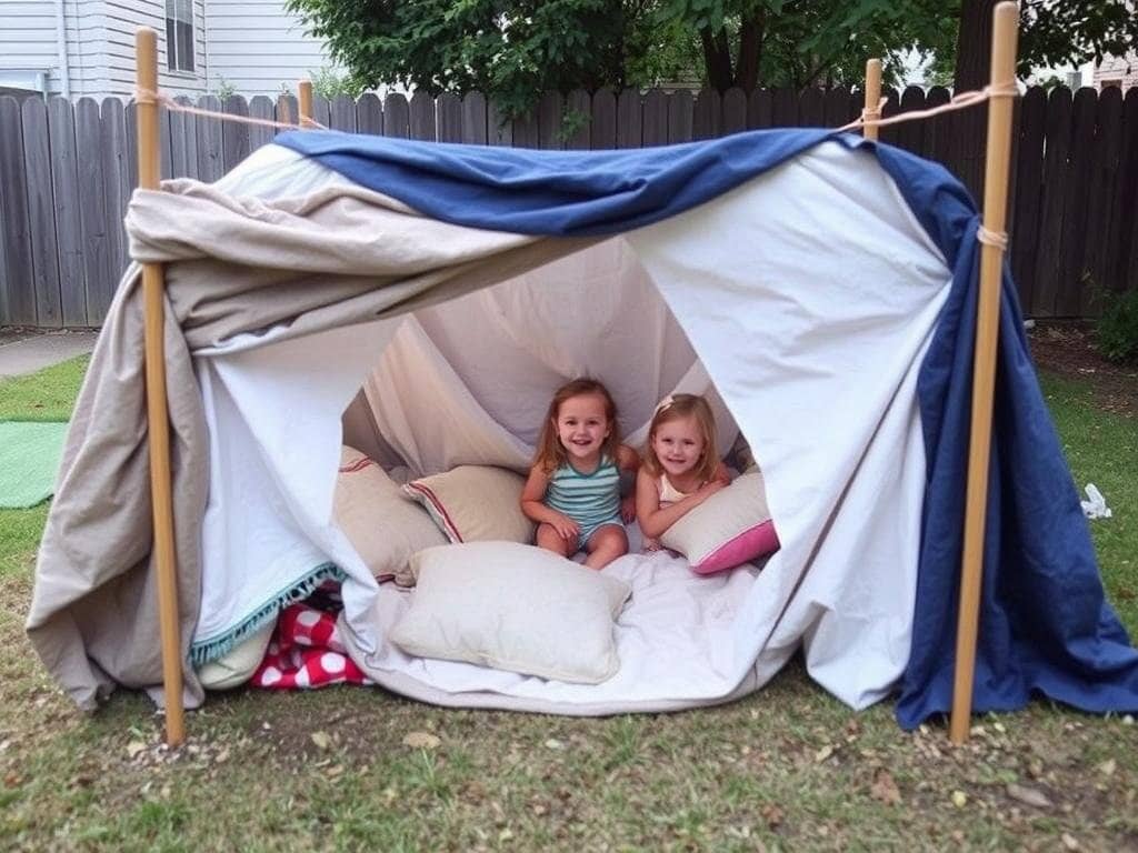 Children playing in a DIY blanket fort in the backyard for a budget-friendly backyard camping for kids experience